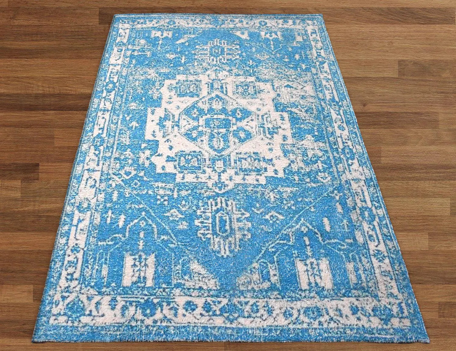 Multi Sizes Handmade Micro Printed Polyester Traditional Oriental Area Rug Blue, White Color